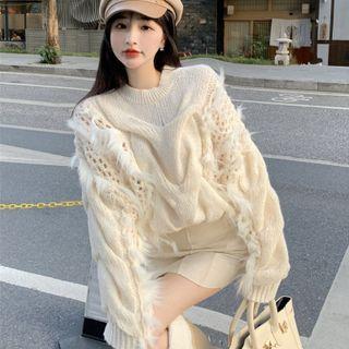 Fluffy Panel Pointelle Knit Sweater