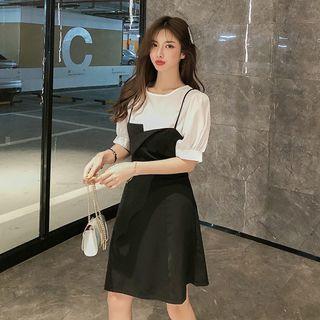 Set: Plain Puff-sleeve Top + Spaghetti Strap Dress