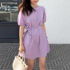 Short-sleeve Tie-waist Mini Dress Purple - One Size