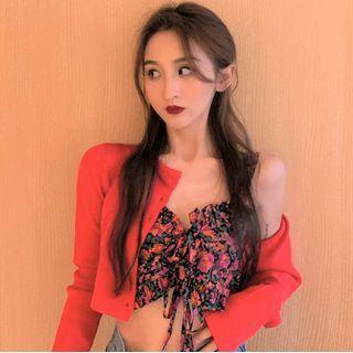 Spaghetti Strap Floral Trim Crop Top / Cropped Cardigan