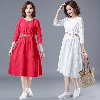 3/4-sleeve Floral Embroidered Linen Blend Midi A-line Dress
