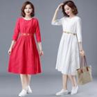 3/4-sleeve Floral Embroidered Linen Blend Midi A-line Dress