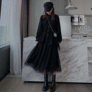 Set: Crewneck Long-sleeve Crinkled Shirt + Mesh A-line Midi Skirt