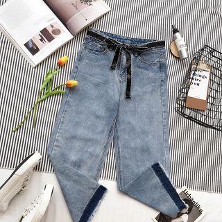 Fringed Loose-fit Cropped Wide-leg Jeans