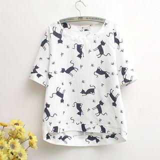 Elbow-sleeve Cat Print Top