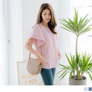 Lace Trim Flutter Sleeve Draped Side Top
