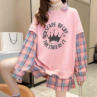 Mock Two-piece Long-sleeve Plaid Panel Lettering Printed Sweatshirt