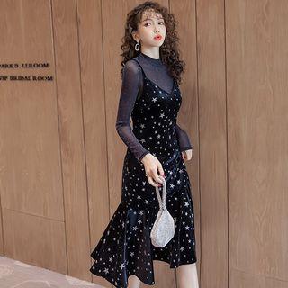 Mock Two-piece Star Print Ruffle Hem Midi Sheath Dress