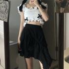 Ruffled Short-sleeve Cropped Crinkle Top / Mini A-line Skirt