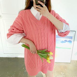 V-neck Drop-shoulder Cable-knit Top