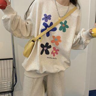 Long-sleeve Round-neck Flower Print Sweatshirt Oatmeal - One Size