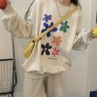 Long-sleeve Round-neck Flower Print Sweatshirt Oatmeal - One Size