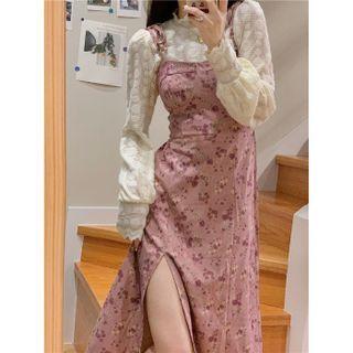 Lace Blouse / Floral Print Midi A-line Overall Dress