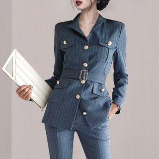 Set: Belted Striped Button Jacket + Boot-cut Dress Pants