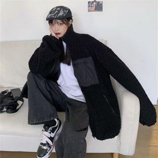 Color Block Fluffy Zipped Jacket Black - One Size