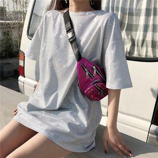 Elbow-sleeve Glittering Oversized Top