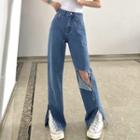 Ripped Chained Side-slit Straight Leg Jeans