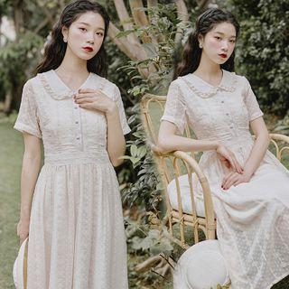 Short-sleeve Collar Midi A-line Lace Dress
