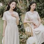 Short-sleeve Collar Midi A-line Lace Dress