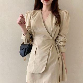 Long-sleeve V-neck Asymmetric Plain Dress