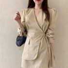 Long-sleeve V-neck Asymmetric Plain Dress