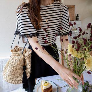 Lace-trim Stripe T-shirt Ivory - One Size