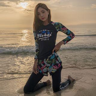 Set: Long-sleeve Print Rashguard + Swim Shorts + Pants