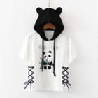 Panda Print Lace Up Short-sleeve Hoodie White - One Size