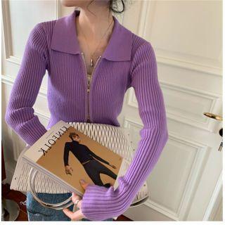 Plain Collared Zip-up Knit Cardigan
