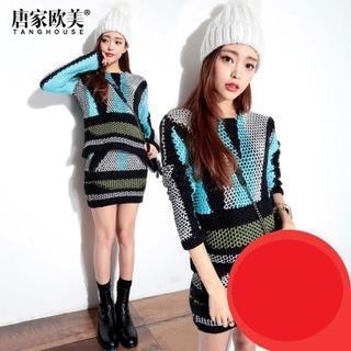 Set: Color-block Sweater + Knit Skirt