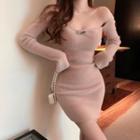 Off-shoulder Ribbed Knit Dress Pink - One Size