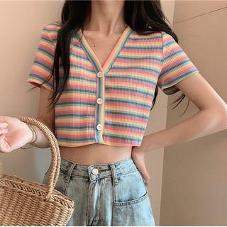 Short-sleeve Striped Buttoned Knit Top Stripes - Rainbow - One Size