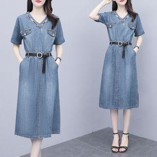 Denim V-neck Midi A-line Dress