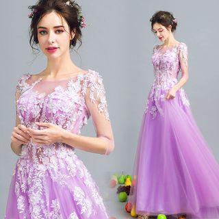 Short-sleeve Beaded Applique Evening Gown