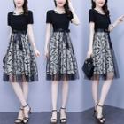 Short-sleeve Chained Print Mesh A-line Dress