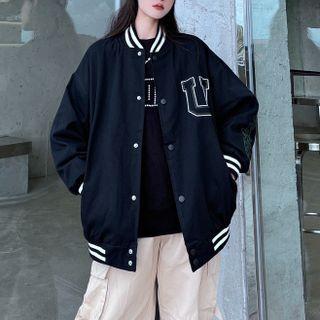 Lettering Checkerboard Panel Baseball Jacket