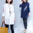 Feather Embroidered 3/4-sleeve Long Shirt