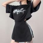 Elbow-sleeve Side-slit Chained Print T-shirt