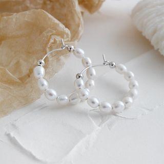 925 Sterling Silver Freshwater Pearl Hoop Earring 1 Pair - Silver - One Size