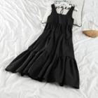 Wide Strap Pintuck Midi A-line Dress Black - One Size