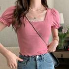 Puff-sleeve Square Neck Lace Trim Top Cherry Pink - One Size