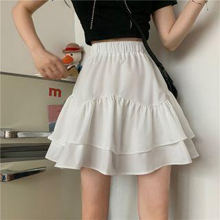 High-waist Ruffle Trim Plain A-line Skirt