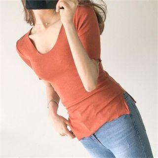 Scoop-neck Asymmetric-hem Ribbed Top