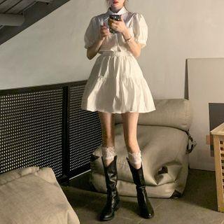 Front Pocket Short-sleeve Blouse / Ruffle Hem Mini Skirt