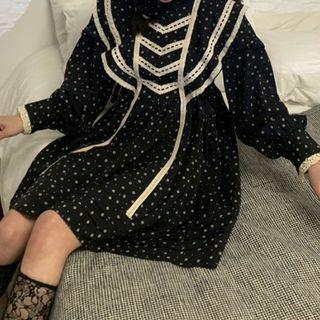 Puff-sleeve Floral Print Lace Trim A-line Dress Black - One Size