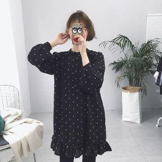 Polka Dotted Ruffle Hem Chiffon Dress