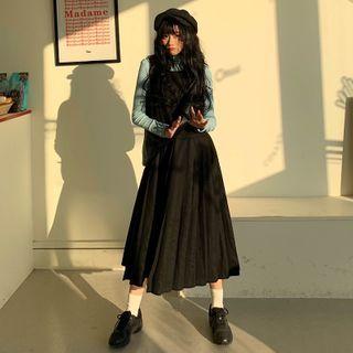 Turtleneck Long Sleeve Top / Pinafore Pleated Dress