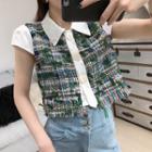 Short-sleeve Crop Tweed Top