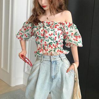 Cherry Print Off-shoulder Chiffon Blouse