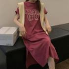 Set: Short-sleeve Lettering Midi T-shirt Dress + Shawl Set Of 2 - Shawl & T-shirt Dress - Red - One Size